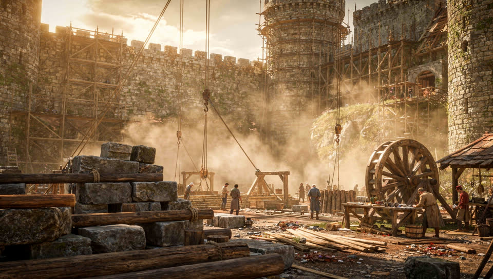 Builders raising a grounded medieval city