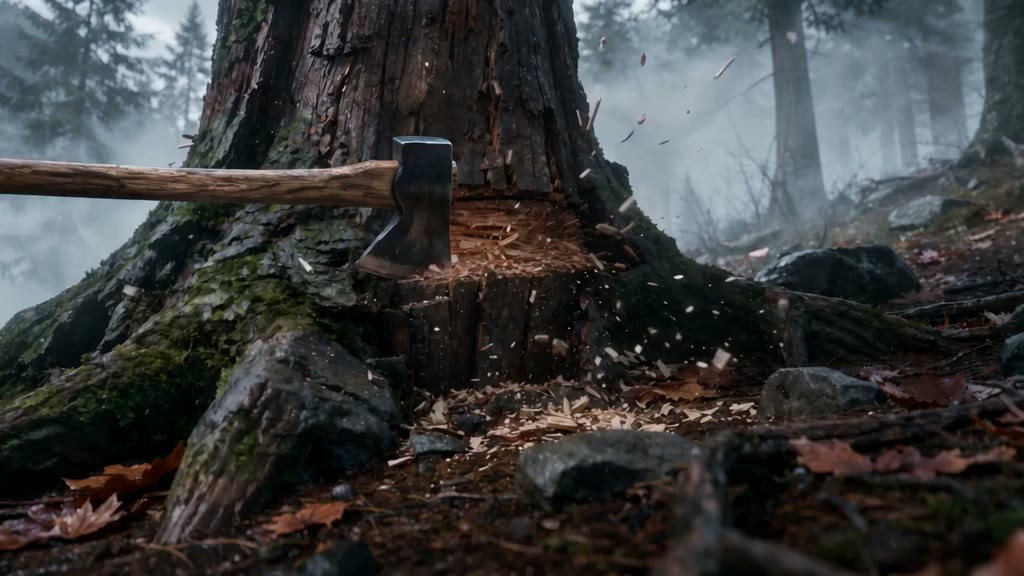 A weathered axe set horizontally into an oak at stormy dawn
